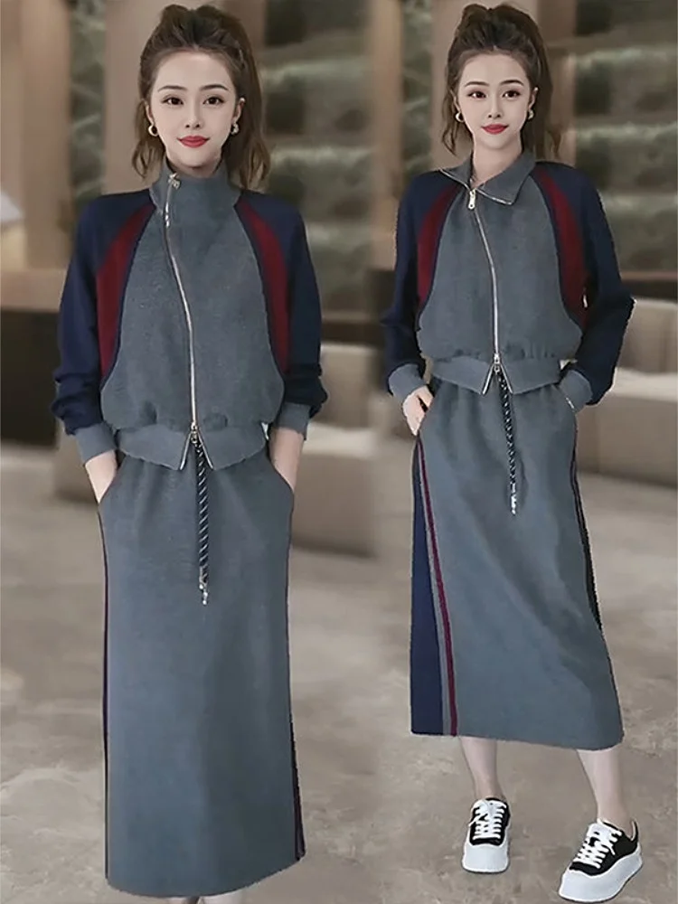 

Autumn Stand Collar Zipper Design Jaet Midi Skirt Two Piece Set Faionable Ele Lazy Anti Aging Ensemble Polyester Fiber