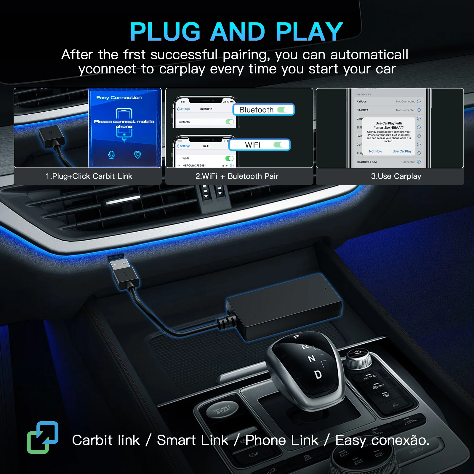 CARABC nouveau lien Carbit Plug and Play vers Apple sans fil CarPlay Android AUTO Box Navigation de voiture Interconnexion de Machine de voiture intelligente