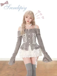 Women Vintage 2000s Aesthetic Cutecore Korean Outfits 2 Piece Set Mori Long Sleeve Slash Neck Tops + Gyaru Mini Tiered Skirts