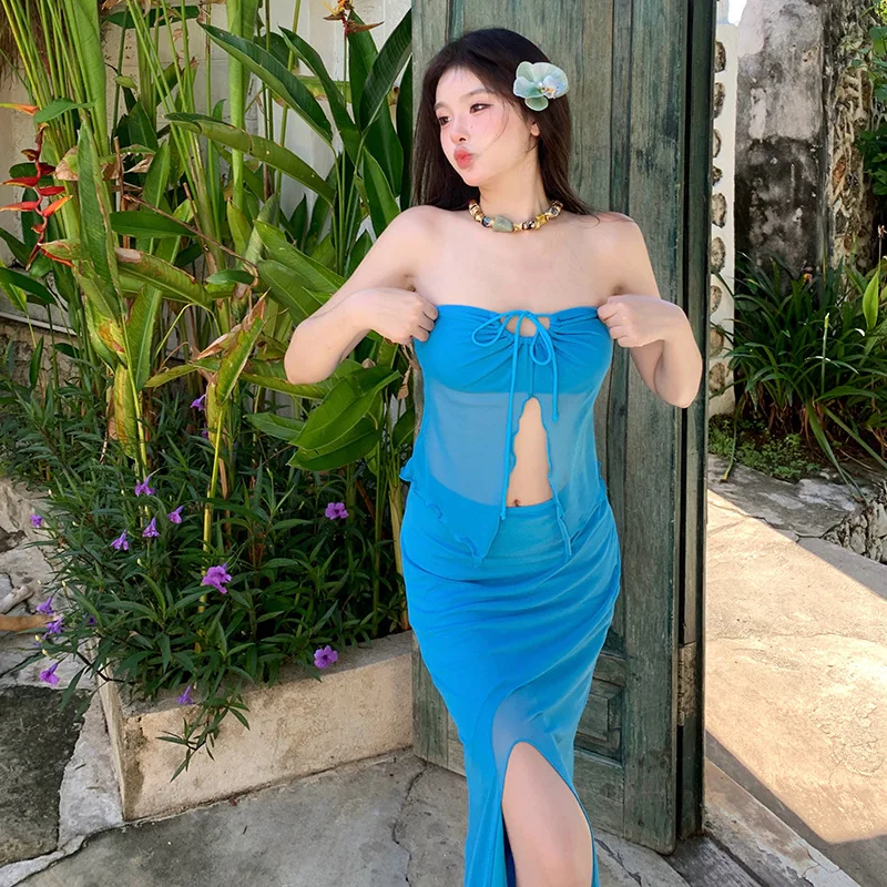 

Blue Women's Swimwear Sexy High Waist Bikini Set with Skirt Beach Wear 3 Pieces Bathing Suit Korean Summer Bandeau Swimsuit 2024