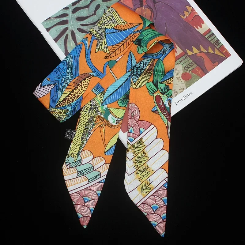 Mały jedwabny szalik dla kobiet 2024 New Flower Bird LadyPrint Handle Bag Ribbons Brand Fashion Head Scarf Small Long Skinny Scarves