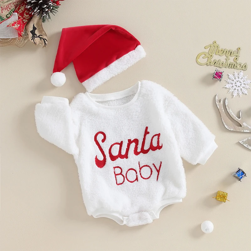 

Christmas Outfits Plush Long Sleeve Neck Letter Embroidery Romper Hat Set Winter Warm Bodysuit Santa Xmas Costume