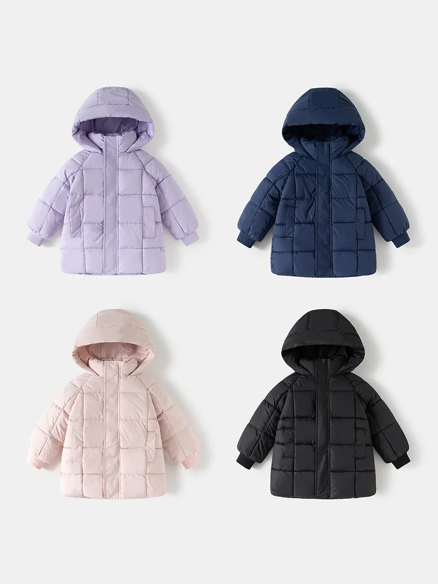 

Boys Girls Winter Mid Length Cotton Coat Korean Style Unisex Hooded Zipper Jacket Thermal Warm Outerwear