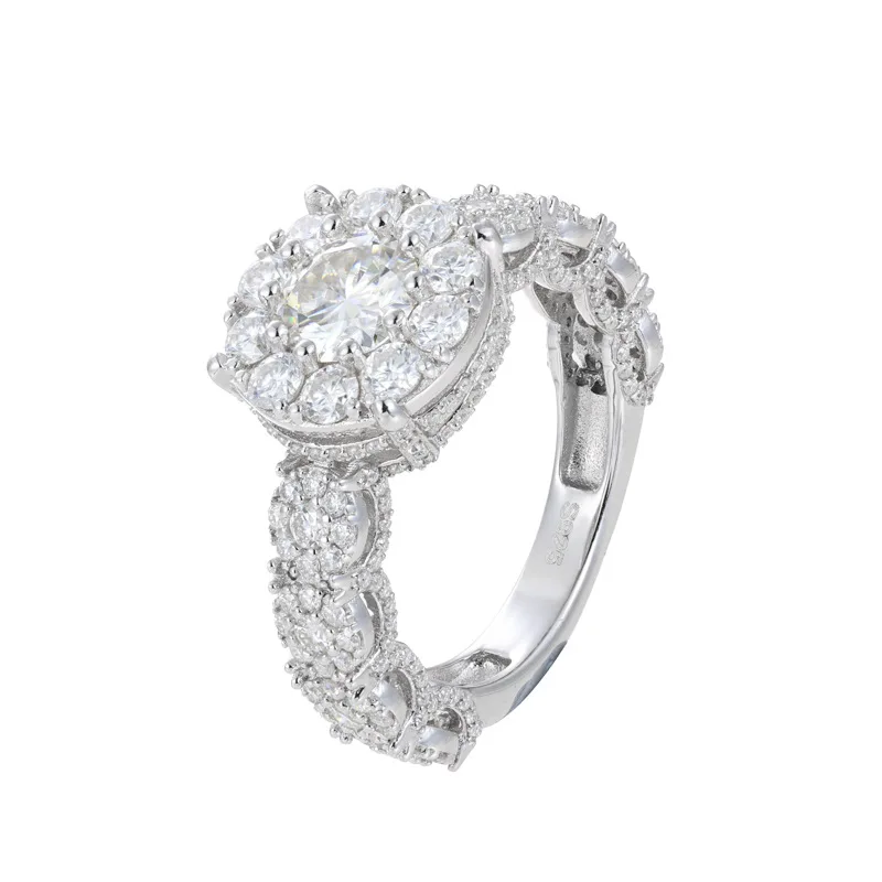 Moissanite S925 Sterling Silver Round Finger Ring for Women Bling Iced Out Shining Luxurious Wedding Rings Hip Hop Jewelry