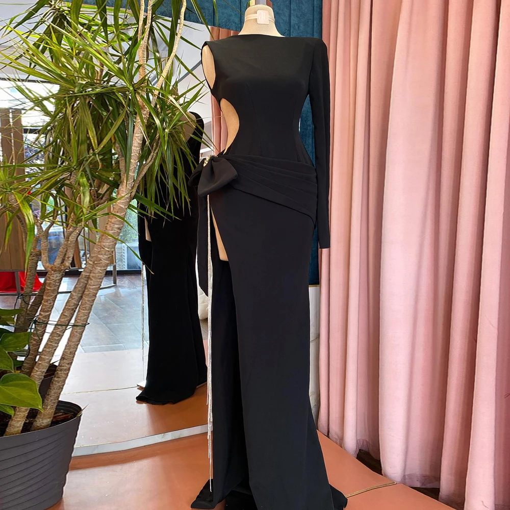 

Simple Black Prom Dresses One Shoulder Long Sleeves Occasion Evening Gowns Bow Pleat Floor Length High Slit 2024 فساتين السهرة