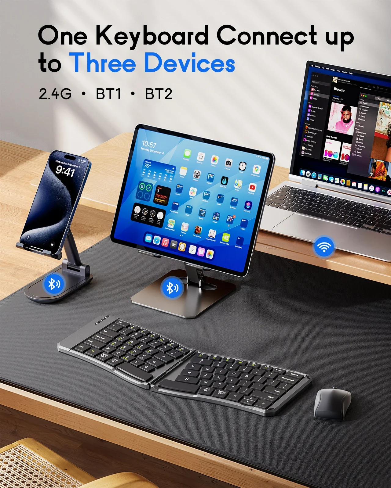 Foldable Bluetooth Keyboard,Ergonomic Keyboard with Bluetooth Connection 2.4G Wireless Connection for iOS/Android/Windows