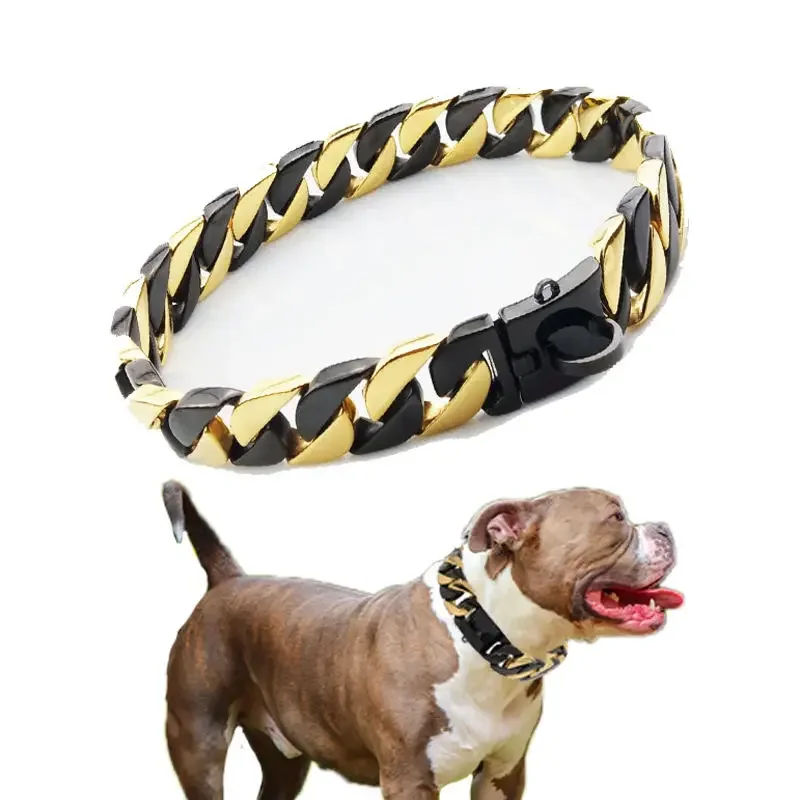 

32mm Strong Stainless Steel Gold Black Collar Dog Traction Rope Titanium Steel Necklace Luxury Collar for Training Pets