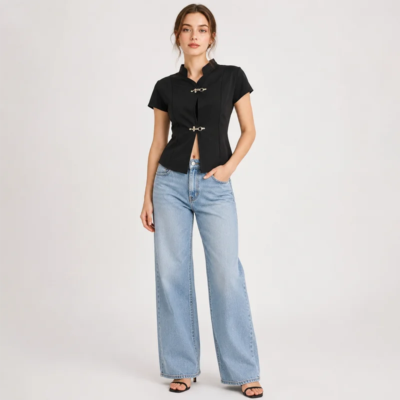 Women's Chinese Style Mandarin Collar T Shirt Short Sleeve Slim Fit Button Front Top Vintage Oriental Blouse Casual Fashion