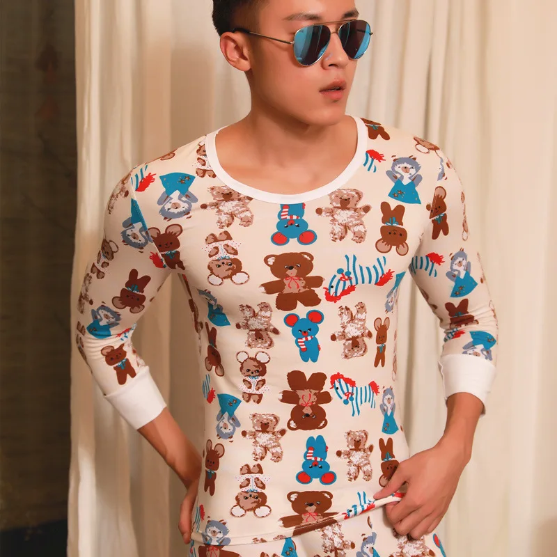 

Термобелье, топы для мужчин, хлопковая теплая ночная рубашка с мультяшным принтом, базовая дышащая удобная пуловер с рукавами три четверти