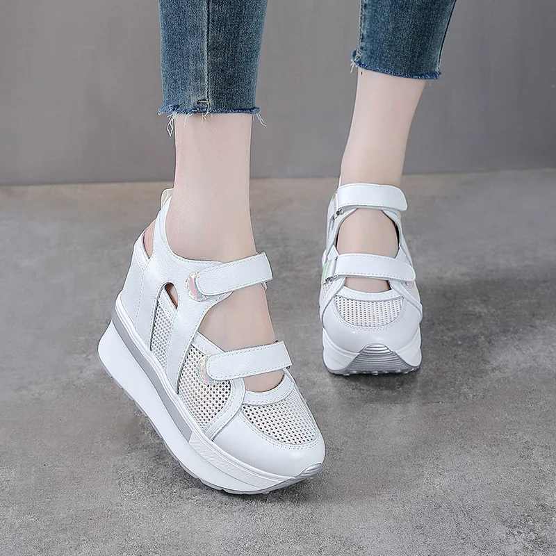 Fujin 10cm Air Mesh Genuine Leather Platform Wedge Flats Sneakers Hook Summer Women Comfy Fashion Chunky Sneaker Sandals Shoes