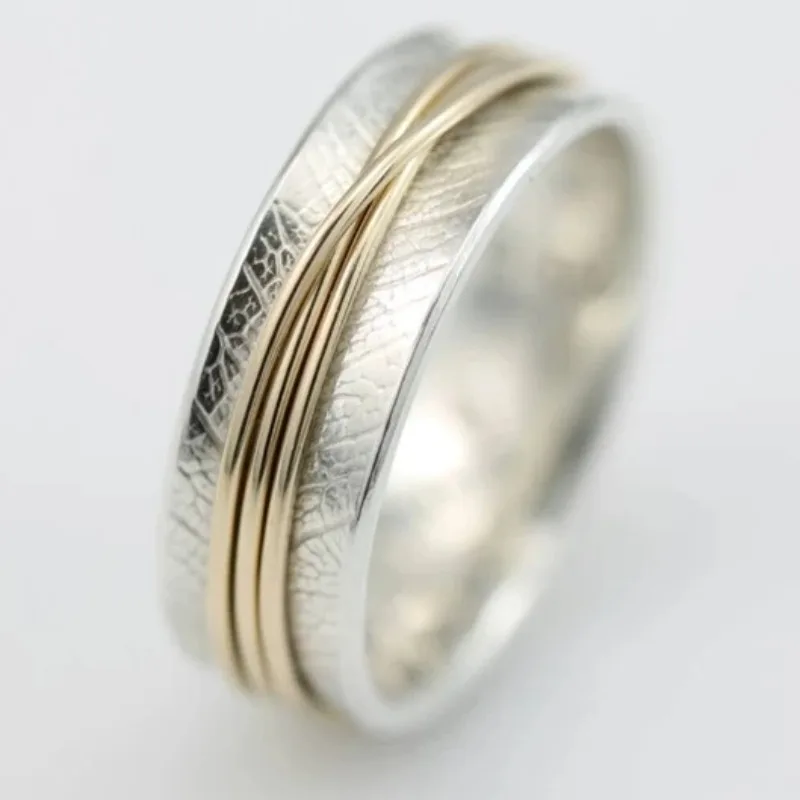 Vintage Handgeschnitzter Breiter Damenring Zweifarbiges Metall Geometrisches Design Tägliches Tragen Party-Schmuck Jubiläumsgeschenk