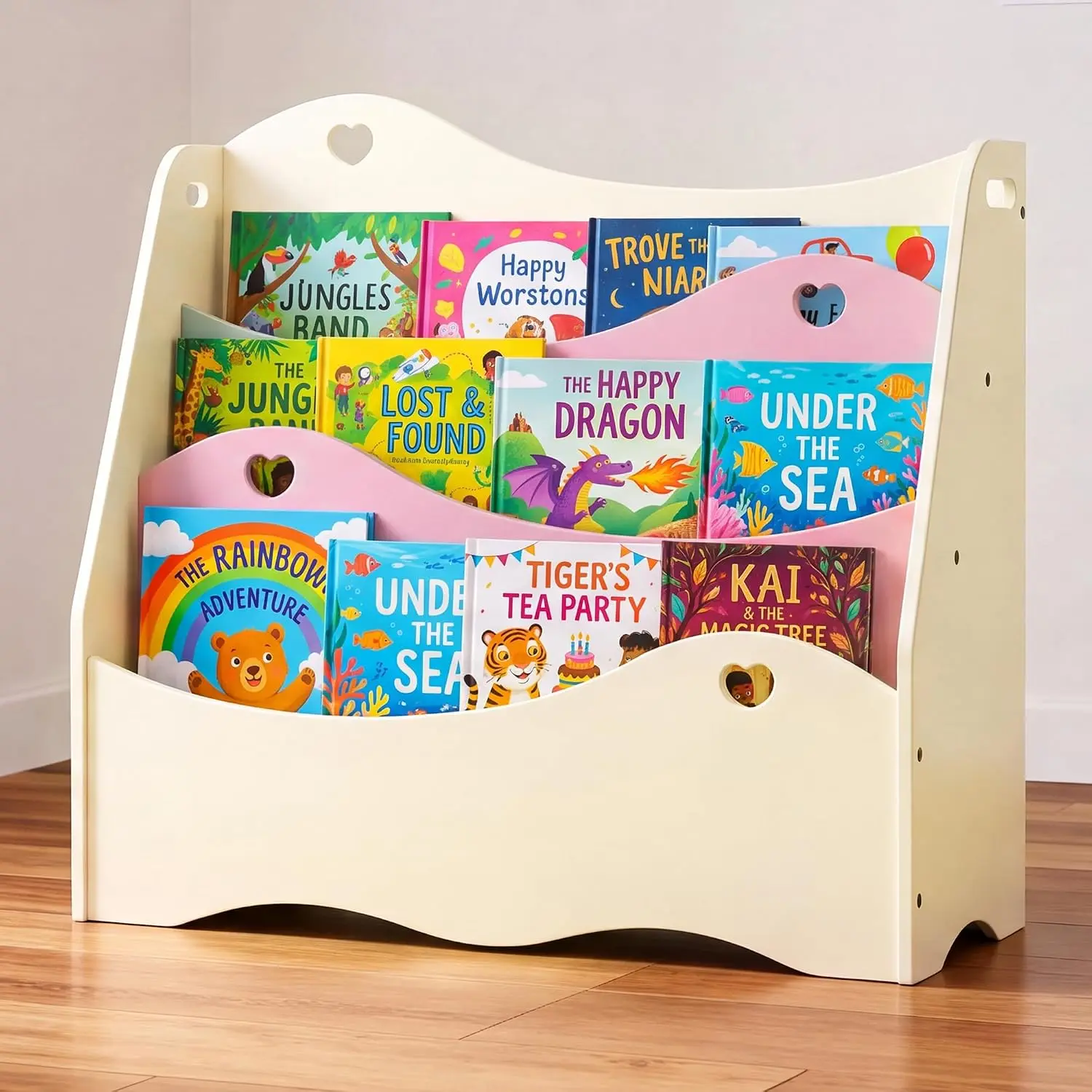 3 Tier Wooden Childrens Book Organizer Kids Bookcase Front Facing Toy Storage Stand CPC Certified Heart Cutouts Toddler Nursery