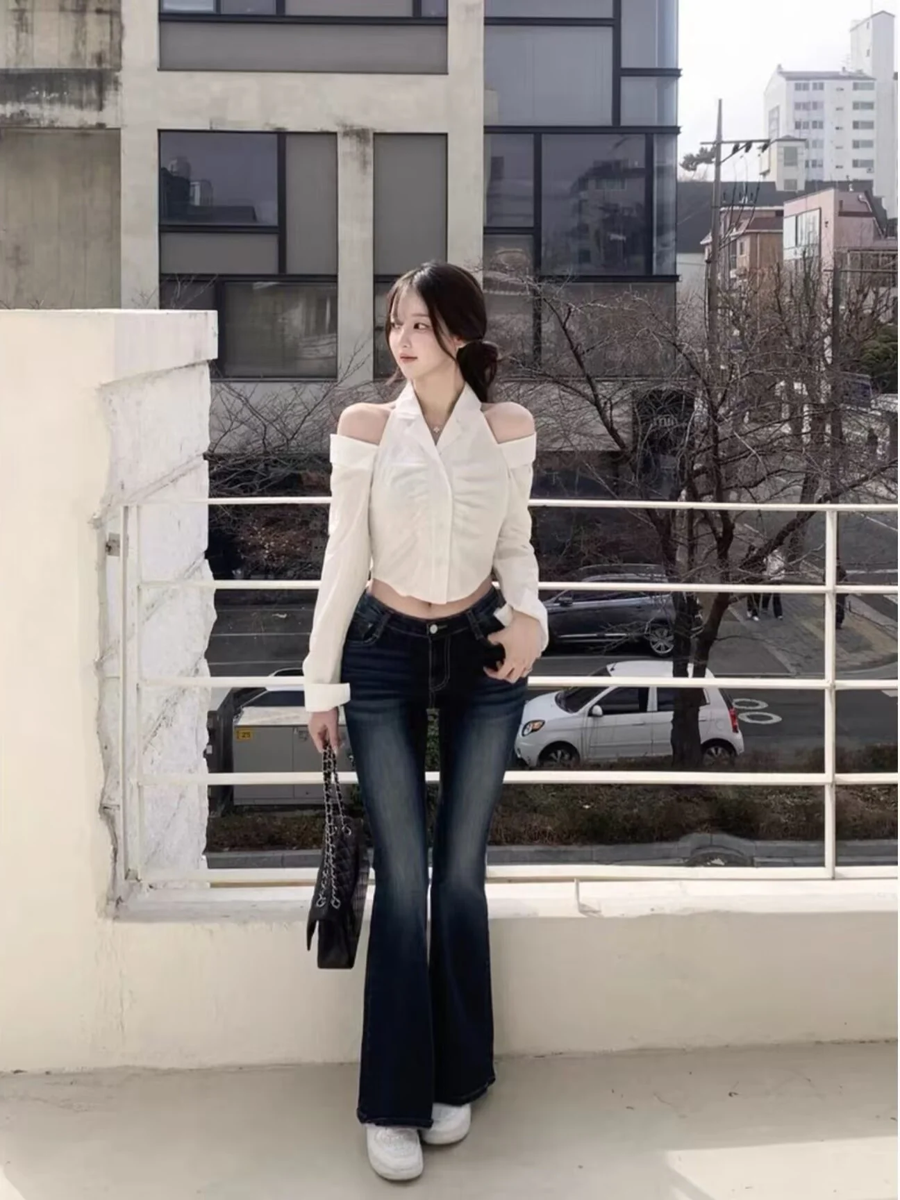 

Slim Fit High Waist Cotton Stretch Denim Jeans Floor Length Washed out White Versatile Spring Autumn Women's Fashion