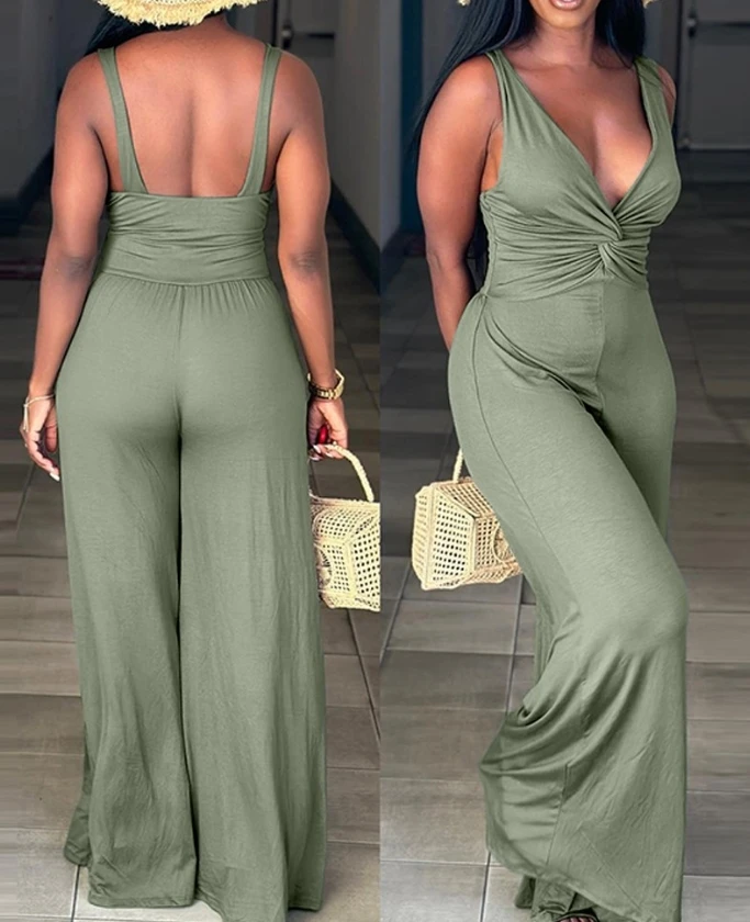 Elegante Dames Jumpsuit V-Hals Gedraaide Mouwloze Geplooide Wijde Pijpen Jumpsuit Zomer Sexy Drape Casual Jumpsuit Vrouw Kleding