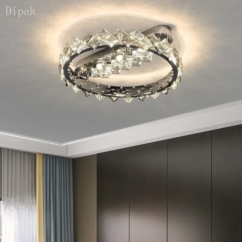 

Luxury crystal LED dimming ceiling chrome ring light bright gray high-end living room lighting bedroom office ceiling