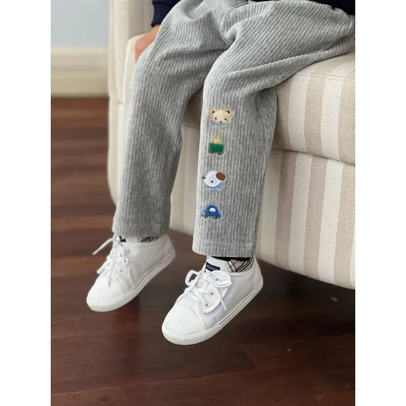 Japanese Winter  Kids Pants  Cartoon Bear Striped Velvet Casual Pant  Girls Pants Baby Boy Clothes Roupa Infantil  Bottom