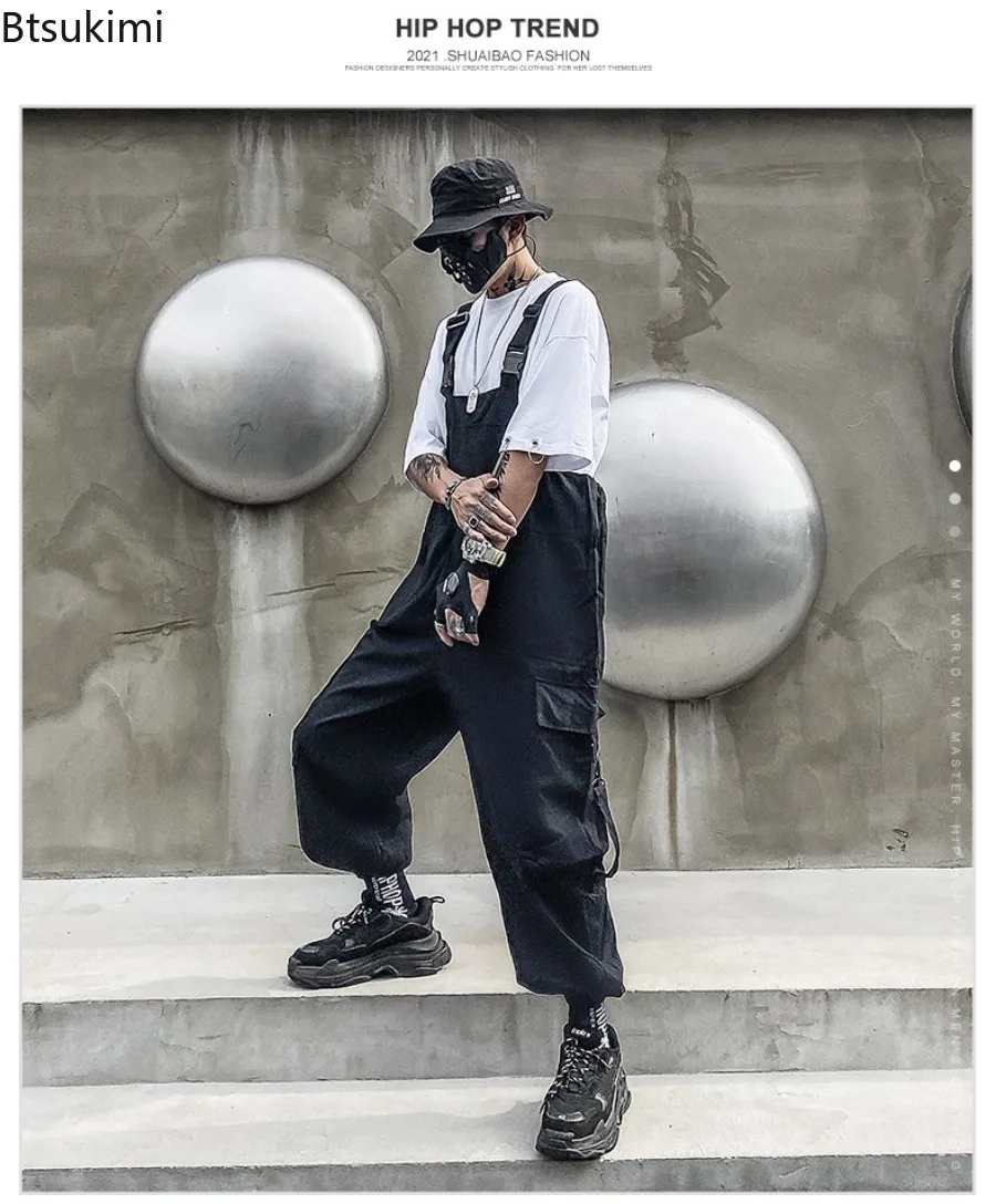 2025 New Men's Jumpsuits Fashion Casual Loose Wide Leg Overalls Streetwear Solid Insert Pockets Vintage Hip Hop Strap Pants Male