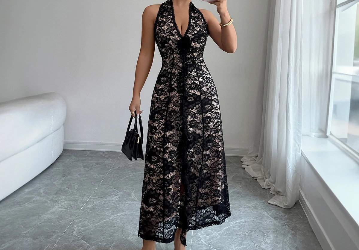 

Elegant Lace Neck Hanging Long Skirt Dress for Women Autumn/winter 2025