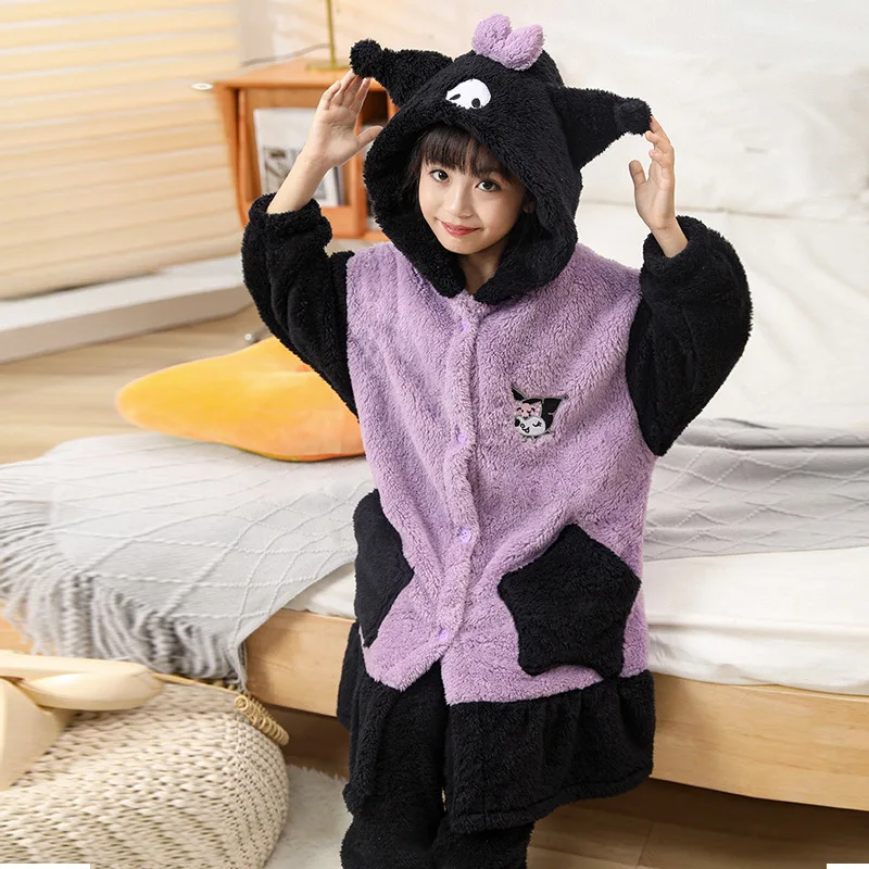 Kuromi Sanrios Pajamas Girl Kawaii Cartoon Autumn Winter Flannel Thicken Child Nightgown Coral Fleece Bathrobe Lounge Clothes