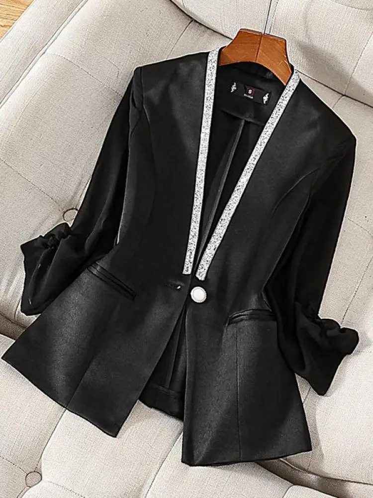 韓国女性用ブラックホワイトパッチワークVネックシングルボタンオフィスレディブレザーコート秋ベージュ7分袖万能トップス