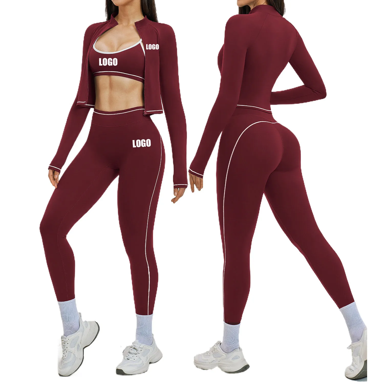 

Женский спортивный костюм из трех предметов с контрастными цветами и логотипом на заказ: куртка на молнии, брюки и жилет, облегающий крой, для фитнеса, йоги, бега и активного отдыха на улице.