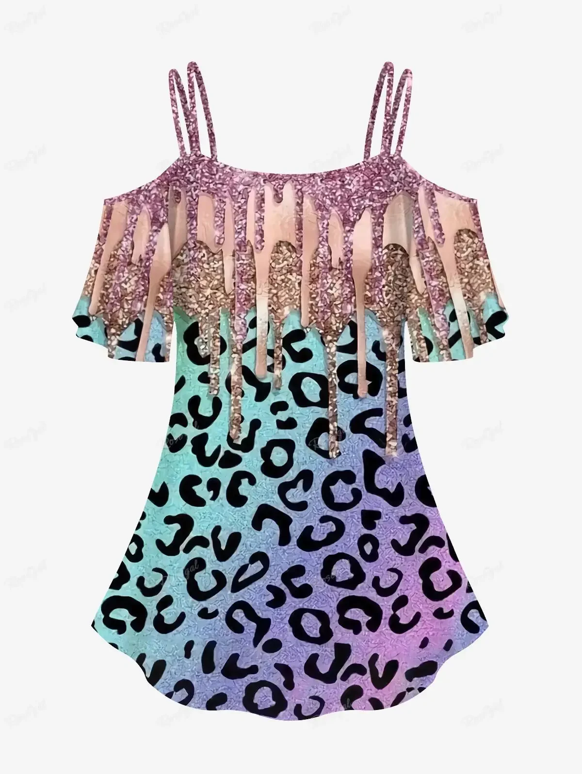 New Plus Size Print Graphic Outfits XS-6X Paint Drop Blobs Leopard 3D Printed Cold Shoulder Cami T-shirt Or Flare Pants