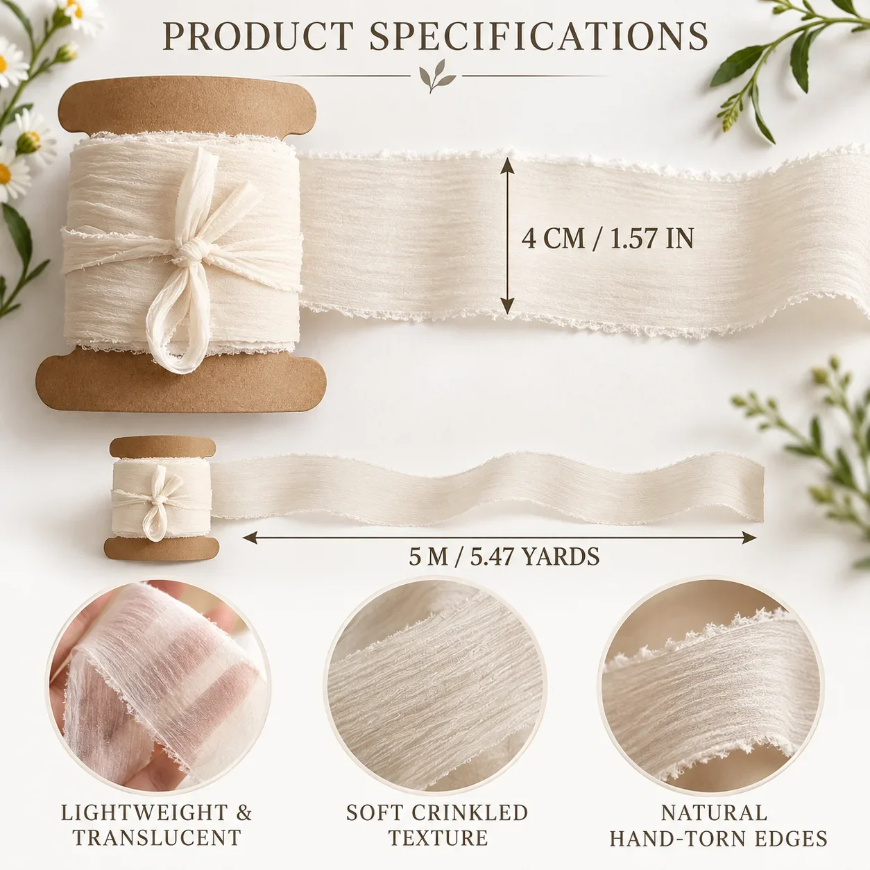 Hand-Tearable Curled Edge Chiffon Silk Ribbon Sheer Transparent Trim for Wedding Invitations Bouquet Tying Gift Wrapping Decor