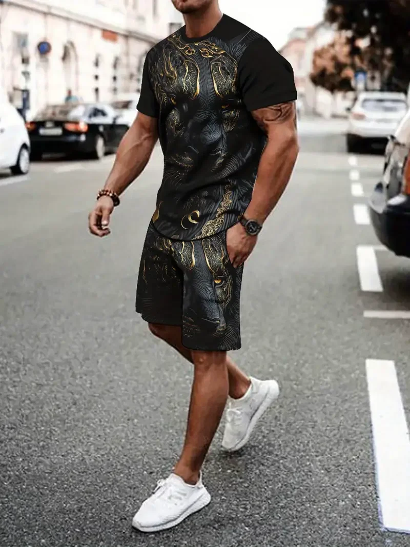 Men's Fashionable Casual Short Sleeved Shorts 3D Set Men's Summer Short Sleeved Round Neck T-shirt Set