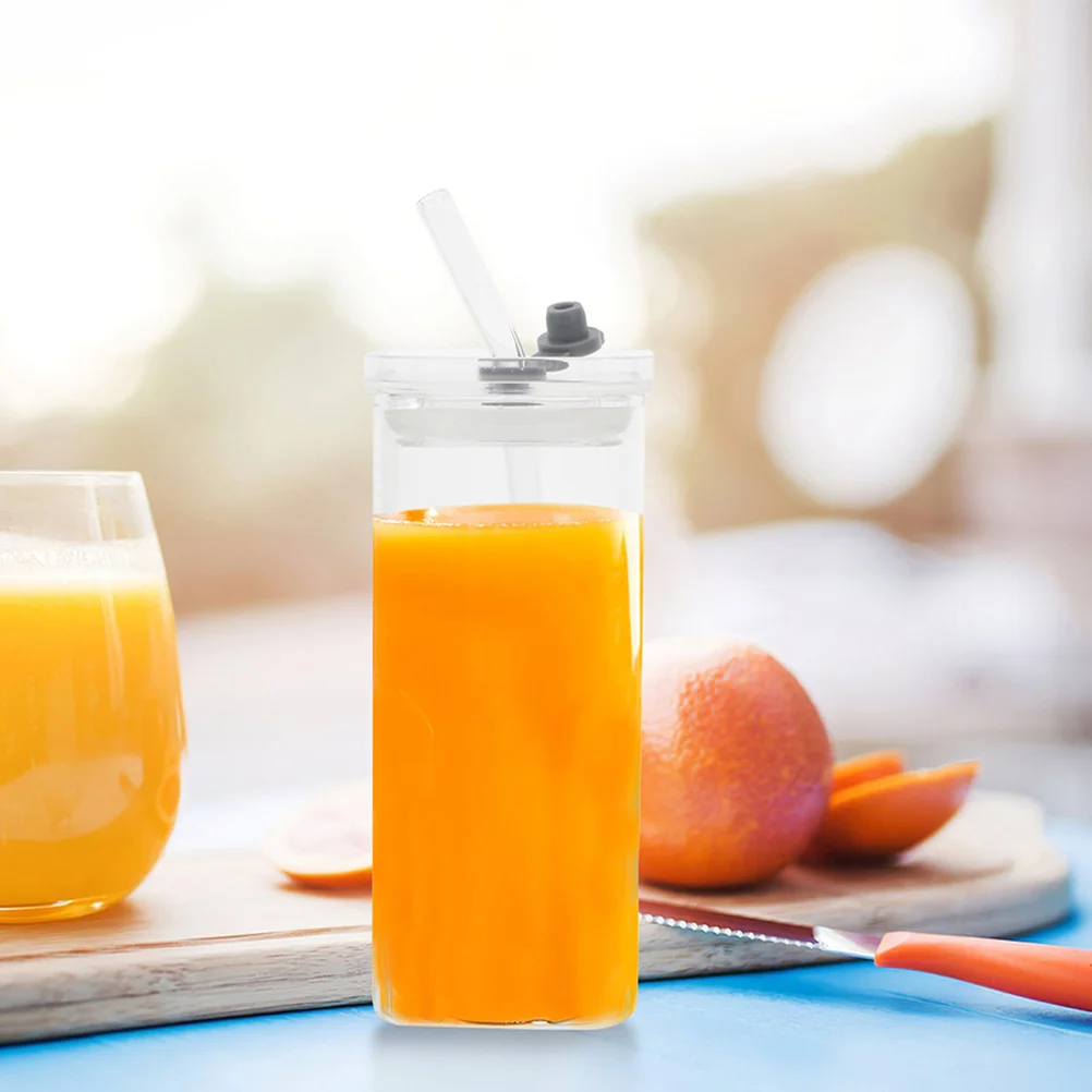 

4Pcs 350Ml Square Glass Drinking Cup Transparent with Lid and Straw Spill-Proof Tumbler for Iced Coffee Milk Daily Hydration