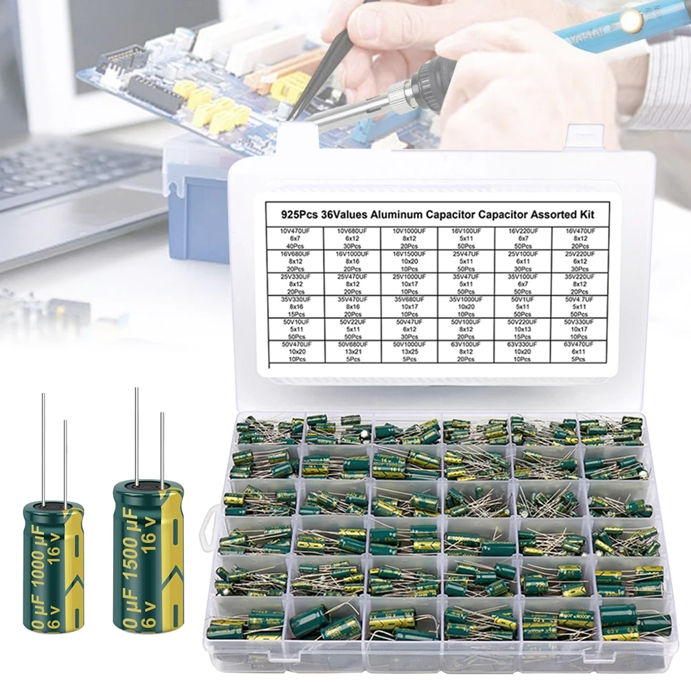 15/24/36 値 225/460/925 個アルミコンデンサセット 16V-50V アルミ電解コンデンサ詰め合わせキット収納ボックス付き
