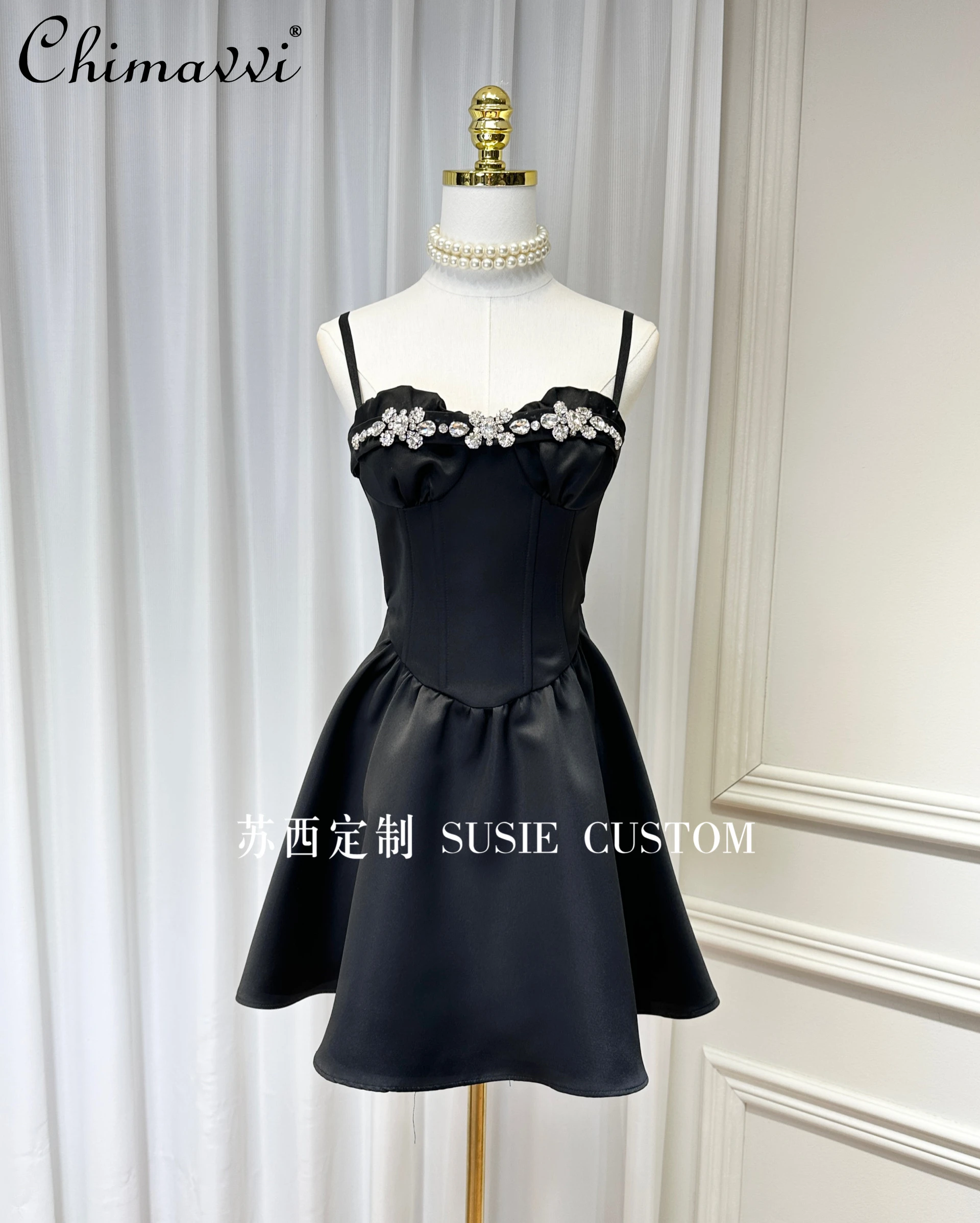 

French Style Elegant Socialite Rhinestone Chain Pleated Sleeveless Backless High Waist A- line Black Short Evening Dress Women