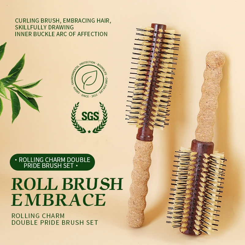 

2Style Personalized Boar Bristle Roller Hair Brush Women Round Rolling Brush Cork handle Barrel Curling Straight Twill Hair Comb