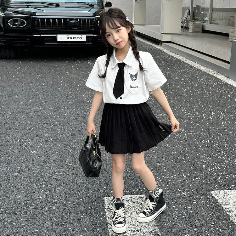 New Anime Sanrios Kuromi Student Campus Jk Uniform Short Sleeve Pleated Skirt Two-Piece Set Girls Y2K Skirt Preppy Suit Summer