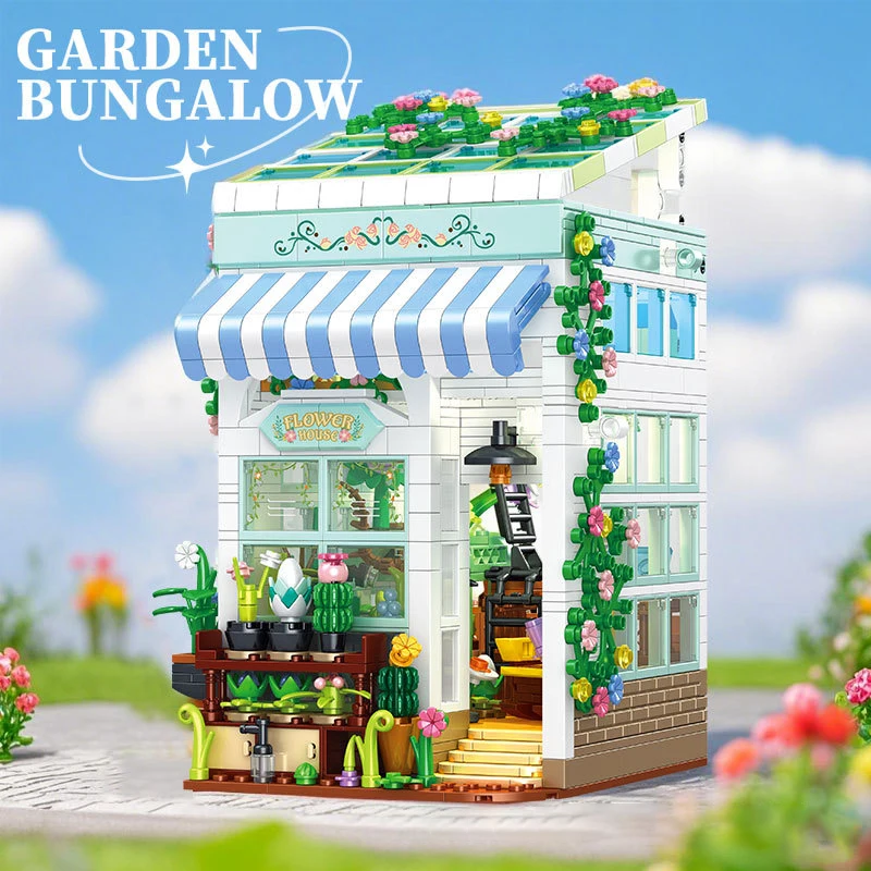 

Street View Series Garden Bungalow Model Building Blocks City Flower Shop House Bricks Toys For Kid Birthday Gifts With LED