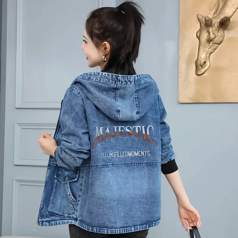 

Джинсовая куртка женская, весна 2023, новая мода, универсальные свободные джинсы, пальто, женская весенне-осенняя верхняя одежда с капюшоном и вышивкой большого размера