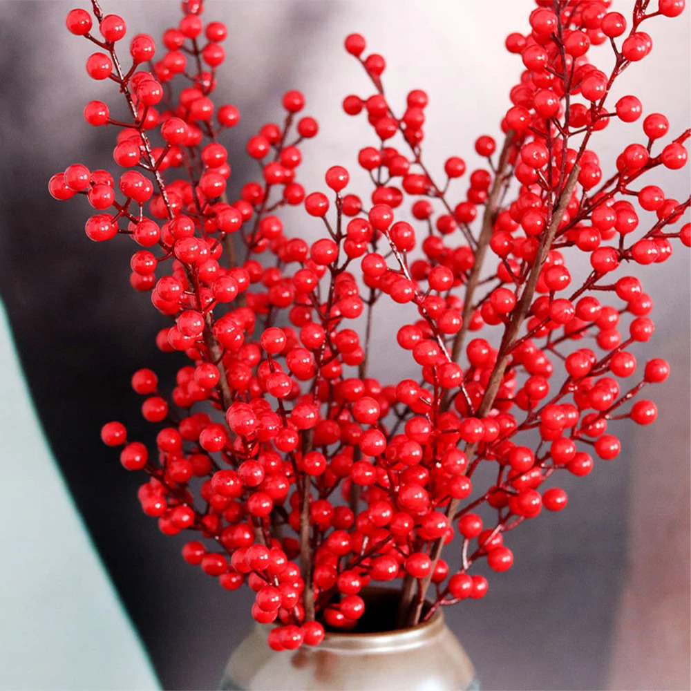 48cm-76cm Künstlicher Weihnachtszweig mit Roten Früchten, Kunsttannenbeeren, Kunstpflanzen für Heimdekoration, Erntefest und Weihnachten – Detail 6