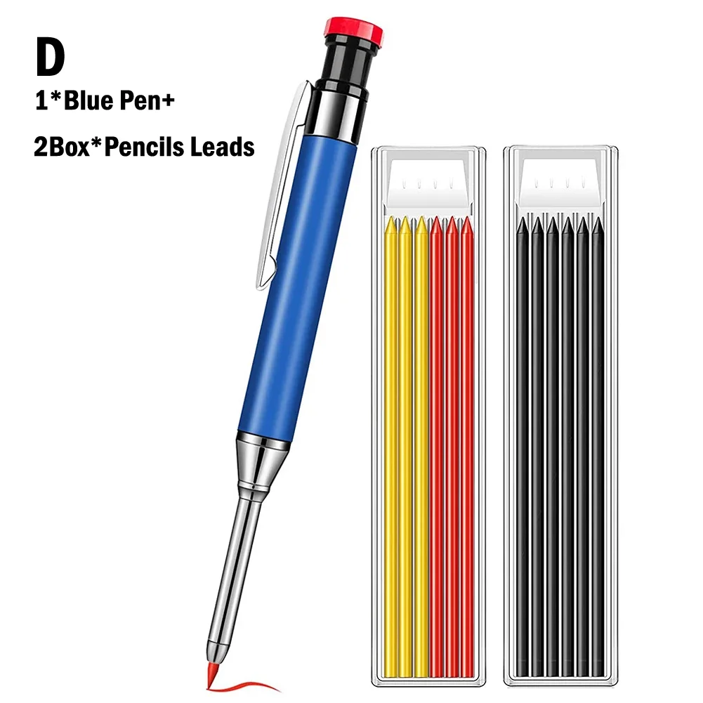 Solid Carpenter Pencil With Refill Set Built-in Sharpener Woodworking Tool Mechanical Pencil For Deep Hole Scribing Marking