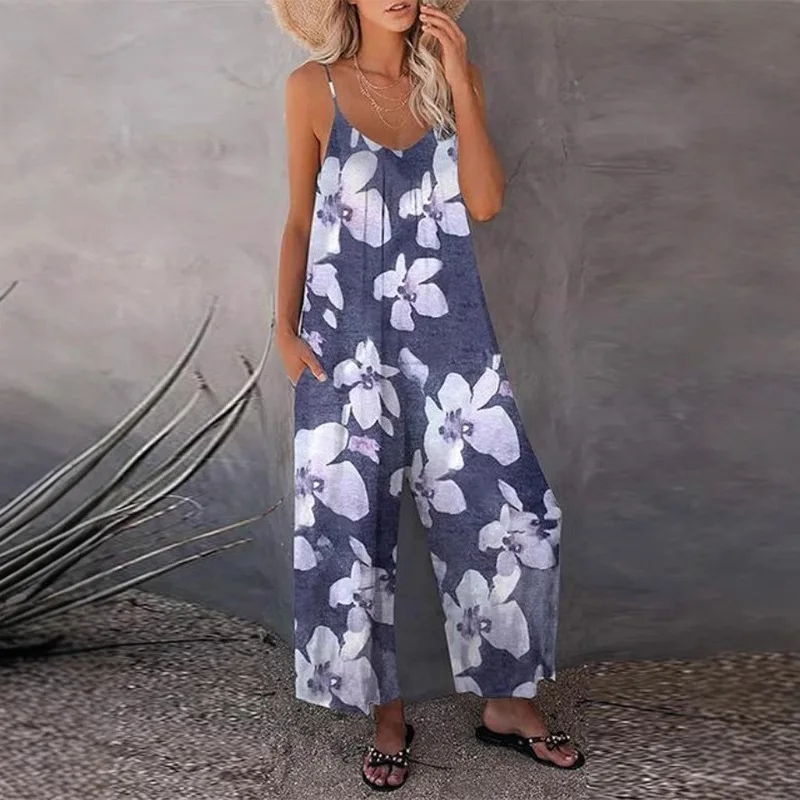 Pantaloni da donna estivi nuovi stampati casual senza maniche larghi a gamba larga a vita alta