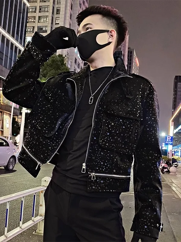 

Мужская приталенная куртка на молнии с вышивкой и пайетками, модная уличная одежда, весна-осень, в стиле High Street, мотоциклетная верхняя одежда