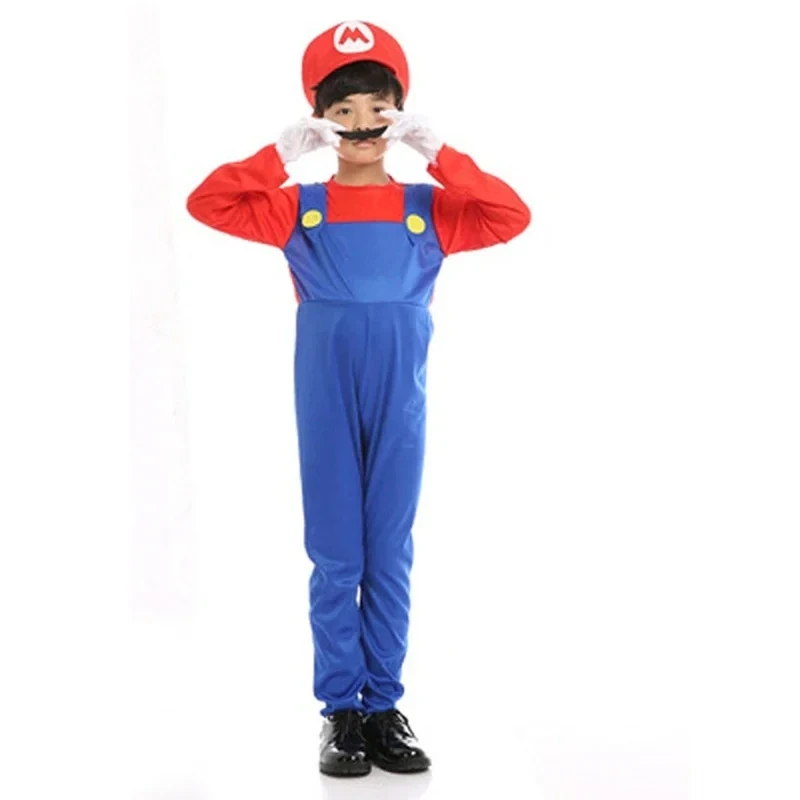 Kostium dla dzieci i dorosłych Super Mari Bros Cosplay dzieci Anime Romper chłopiec dziewczynka impreza z okazji Halloween długi rękaw kapelusz derby kostium