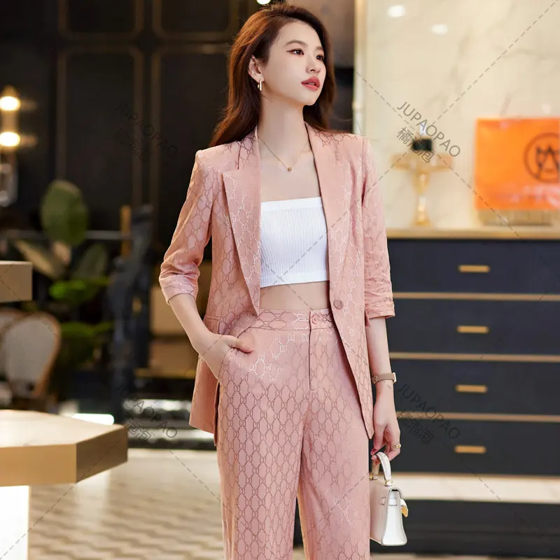 

High Quality Printed Women's Jacket Casual Suits Fashion 2023 Summer Thin Breathable Office Ladies Blazer Pants Set