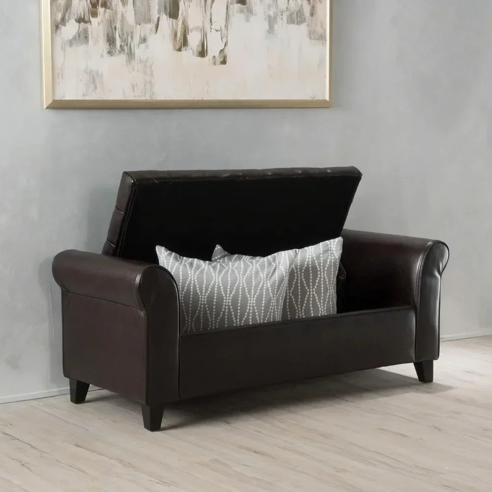 Storage Bench with PU Upholstered, Contemporary Rolled Arm Storage Ottoman Bench, 19.75