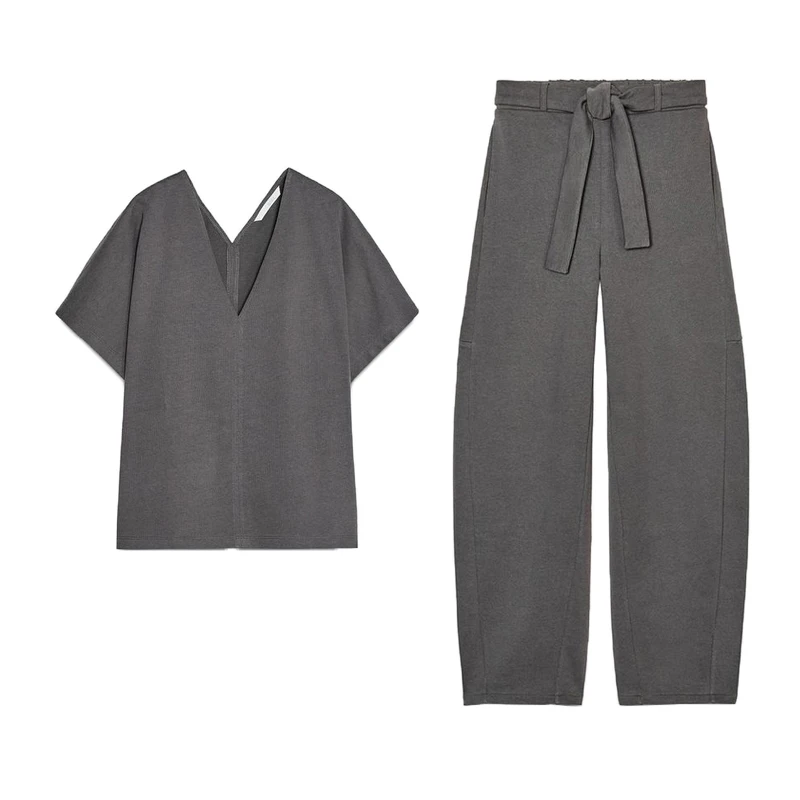 

Cotton ort Sve V-Ne T-irt with Belt Wide Leg mid Waist Casual Long Pants Two Piece Set Spring Faion Women's Wear