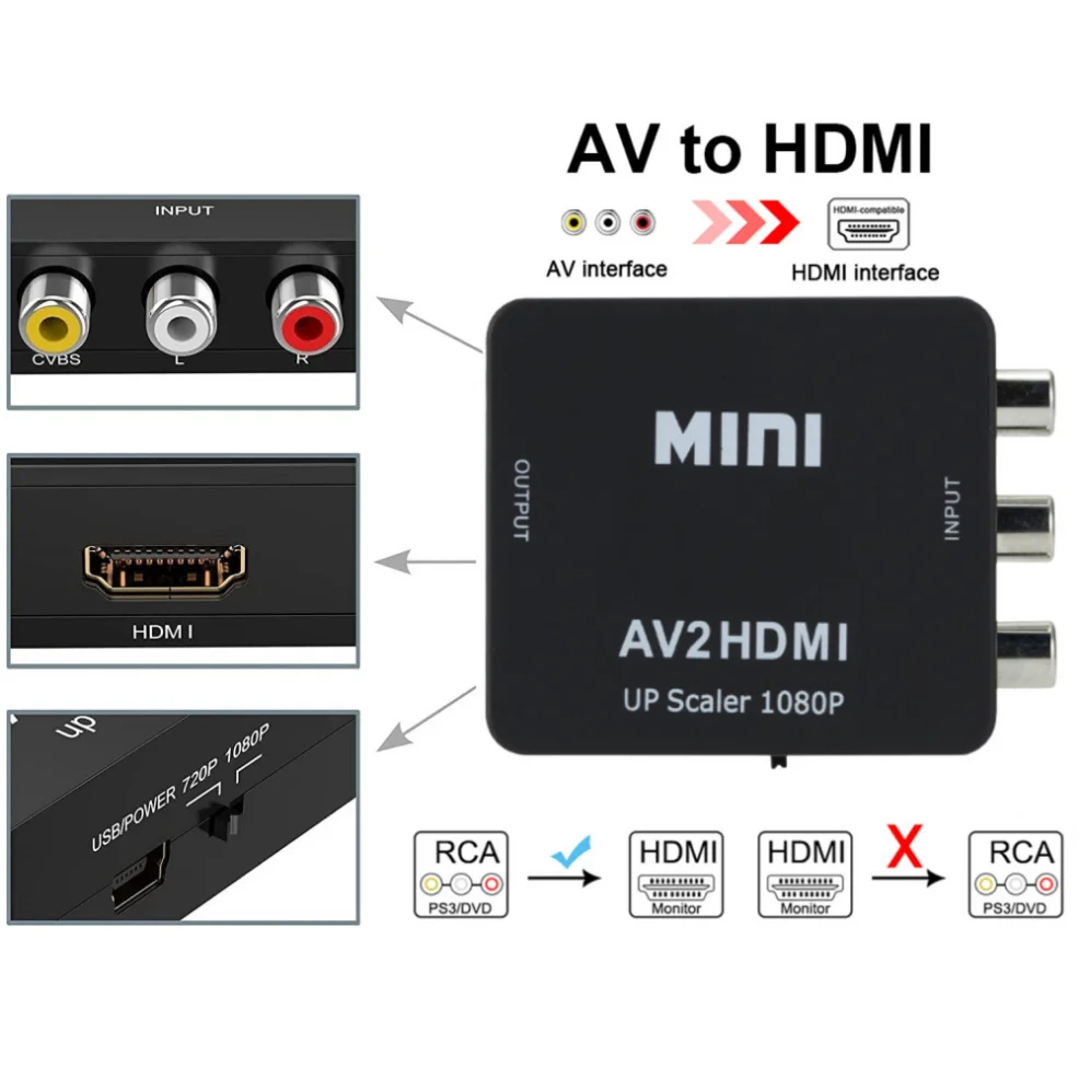 Adaptador HDMI compatible con AV RCA, convertidor AV a HDMI, convertidor RCA AV/CVSB L/R, convertidor escalador AV compuesto de vídeo para PC,