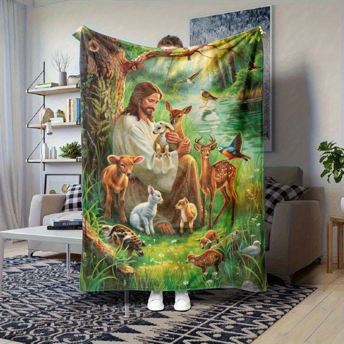 

Comfort Religious and Animal Printed Flannel Blanket - Soft 280g Jesus and Judas Story, Lamb Pattern Bedspread for Travel