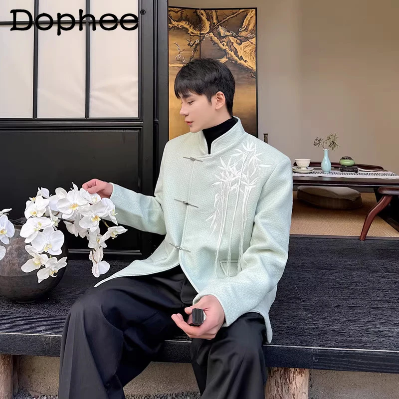 

Men's 2025 Winter New Chinese Style Thickened Embroidered Stand Collar Suit Jackets Men's Fashion Trendy Metal Button Blazers