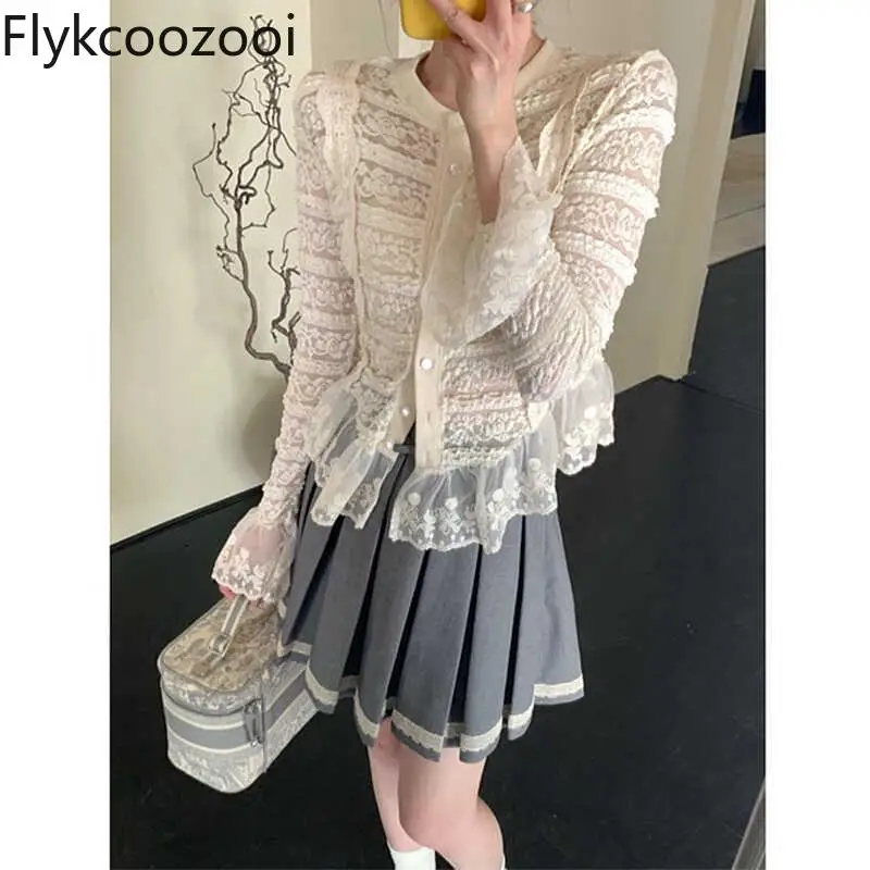 French Light Ripe Niche Lace Long-sleeve Hollow Lace Shirt Women's Summer Unique Chic Beautiful Slimming Skirt Suit