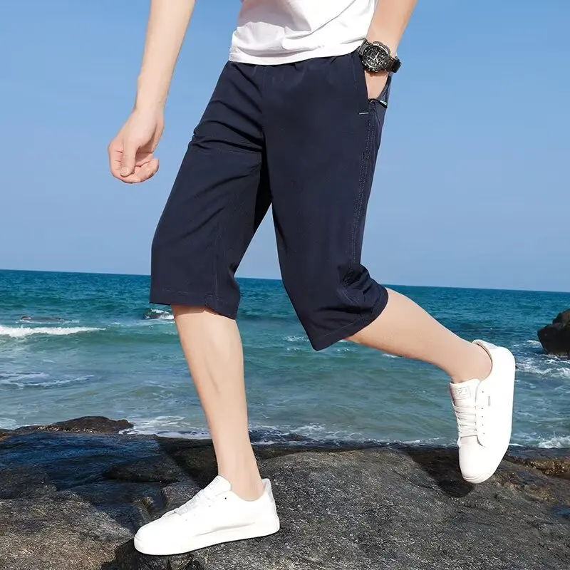 Qui Dry Ice Silk Seven-Foot Pants Men Summer Casual Sports orts Thin Mid-Pants Outdoor Wear Straight Leg Anti-Wrinkle