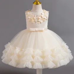 HETISO Flower Appliques Girls Party Dresses Tulle Princess Child Wedding Dress Beading Kids Ball Gown 6M 1 2 3 4 Years