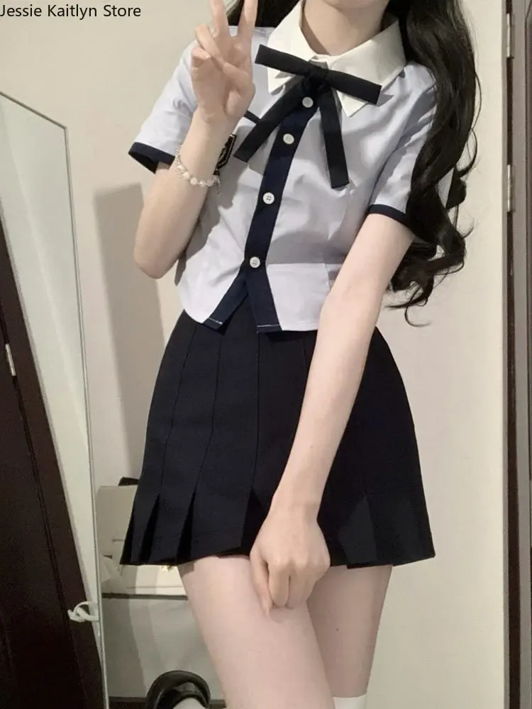 日本の学生用制服セット,素敵なヴィンテージの服,ネイビーブルー,プリーツスカート,夏用